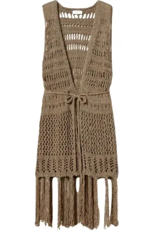 Twin-Set Jakke, Dame, Grøn, ONE SIZE, Beige Strikvest med Lurex Frynser