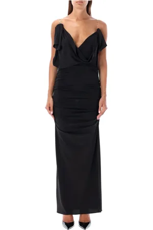 The Attico Kjole, Dame, Sort, S, Satin, Sort Satin V-Hals Lang Kjole