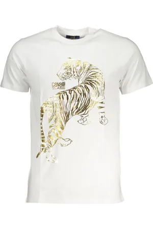 Roberto Cavalli Top, Herre, Hvid, L, Uld, Tryk Logo Rund Hals T-Shirt