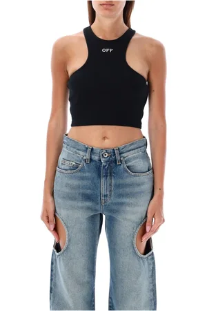 OFF-WHITE Top, Dame, Sort, M, Sort Ribstrikket Crop Top Aw24