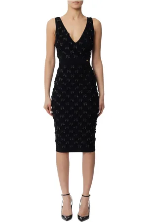 Elisabetta Franchi Kjole, Dame, Sort, S, Sort Viskose Stretch Midi Kjole med Diamantmønster