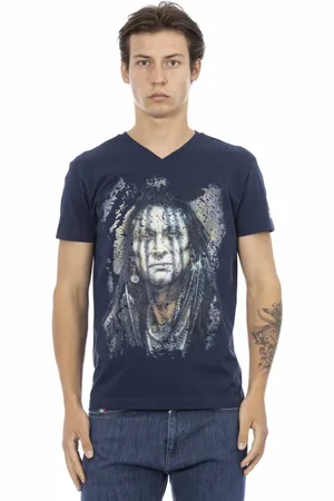 Trussardi Top, Herre, Blå, 2XL, Casual V-Neck T-shirt med Front Print