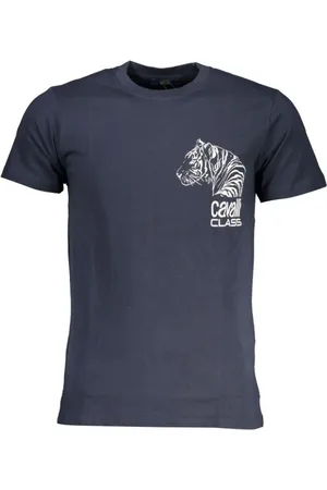 Roberto Cavalli Top, Herre, Blå, XL, Bomuld, Blå Bomuld Trykt Logo T-Shirt