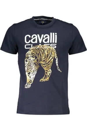 Roberto Cavalli Top, Herre, Blå, XL, Bomuld, Blå Bomuld Trykt Logo T-Shirt