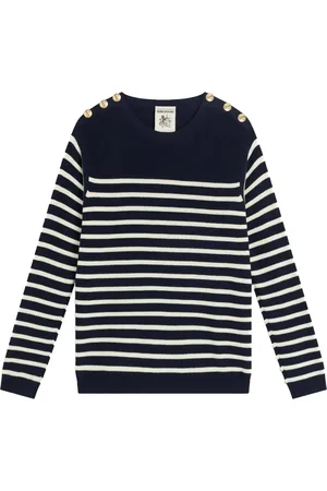 SEMICOUTURE Strik, Dame, Blå, M, Bomuld, Stribet bomuld langærmet top med guld knap detalje