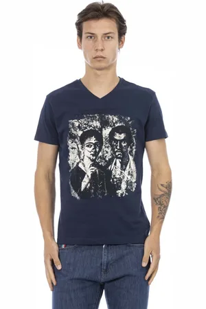 Trussardi Top, Herre, Blå, XL, Kortærmet V-hals T-shirt