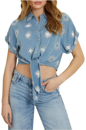 Guess Bluser & Skjorter, Dame, Blå, L, Denim, Kortærmet Denim Skjorte med Grundkrave
