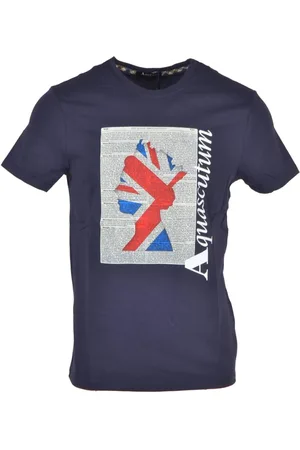 Aquascutum Top, Herre, Blå, L, Bomuld, Blåt Trykt Rund Hals T-shirt