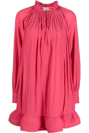 Lanvin Kjole, Dame, Lyserød, XS, Uld, Fuchsia Ruffled Minikjole med Rynket Høj Hals