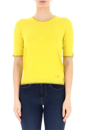 Liu Jo Strik, Dame, Gul, XS, Uld, Kortærmet Glitter Trim Sweatshirt
