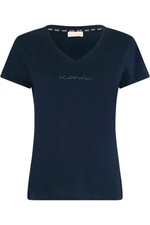 Liu Jo Top, Dame, Blå, XS, Bomuld, Blå Bomulds T-shirt med Rhinestone Logo