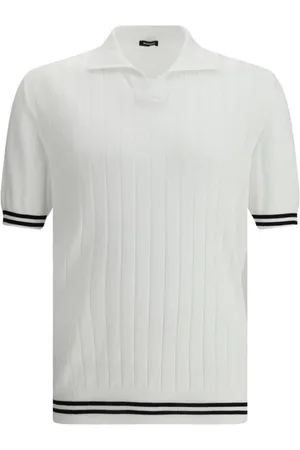 Kiton Top, Herre, Hvid, L, Uld, Stribet Ribbet Polo Skjorte
