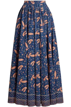 Ralph Lauren Nederdel, Dame, Flerfarvet, XS, Bomuld, Blå Prairie Flower A-Line Midi Nederdel