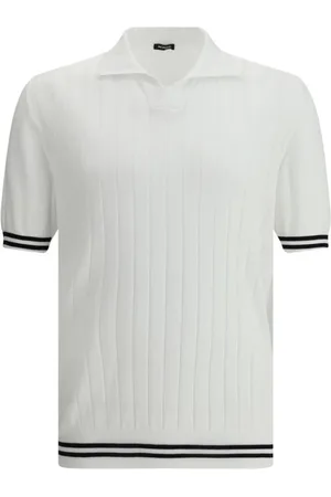 Kiton Top, Herre, Hvid, M, Bomuld, Ribbet Polo Shirt med Stribede Ærmer