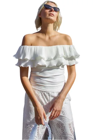 Crās Top, Dame, Hvid, XL, Uld, Off-shoulder Flounce Top