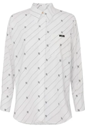Elisabetta Franchi Bluser & Skjorter, Dame, Hvid, L, Bomuld, Diagonal Striber Bomuld Poplin Skjorte