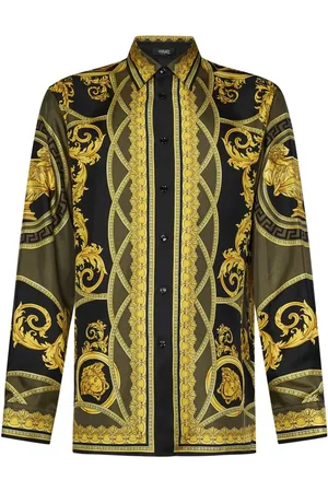 VERSACE Skjorte, Herre, Flerfarvet, XL, Sort Barok Print Silkeskjorte