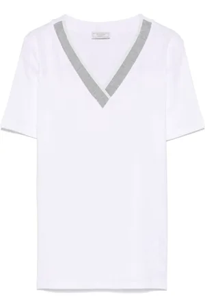 PESERICO SIGN Top, Dame, Hvid, S, Bomuld, Hvid V-Hals Kontrast Krave T-Shirt