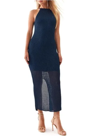 Guess Kjole, Dame, Blå, L, Uld, Elegant Rund Hals Logo Kjole