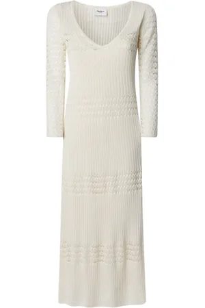 Pepe Jeans Kjole, Dame, , XS, Polyester, Ivory Longuette Kjole med Pointelle Detaljer