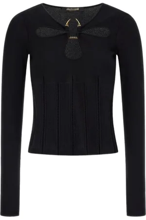 Roberto Cavalli Strik, Dame, Sort, L, Uld, Sort Ribstrikket Top med Fang Detalje