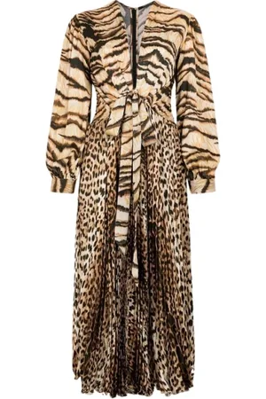 Roberto Cavalli Kjole, Dame, Brun, S, Dyr-Print Midi Kjole med V-Hals