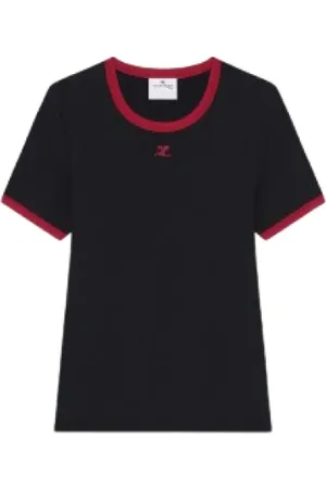 Courrèges Top, Dame, Sort, S, Bomuld, Signatur Kontrast T-shirt med Logo Applique