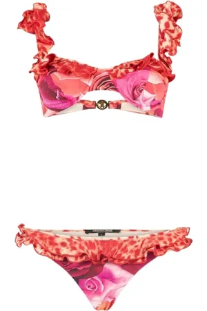 Roberto Cavalli Badetøj, Dame, Lyserød, M, Uld, Rose Garden Cheetah Bikini Ruffle Lukning