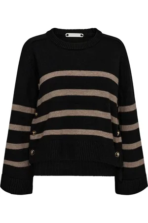Co`Couture Strik, Dame, Sort, L, Stribet Striktrøje med Knapper