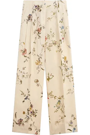 SEMICOUTURE Bukser, Dame, Hvid, S, Linned, Blomstret linned palazzo bukser med lommer