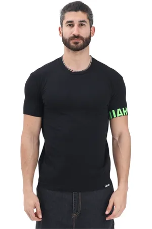 Dsquared2 Top, Herre, Sort, M, Sort kortærmet T-shirt med fluorescerende grønt logodetalje