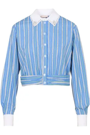 Liu Jo Bluser & Skjorter, Dame, Blå, L, Bomuld, Stribet Bomuld Crop Skjorte med Rhinestones