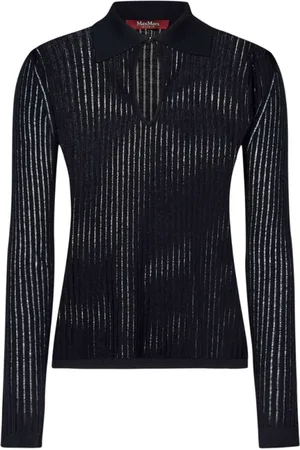 Max Mara Strik, Dame, Blå, L, Uld, Blå Ribstrikket Sweater Polo Hals Forår/Sommer