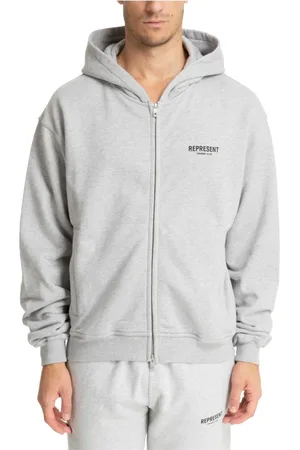 Represent Sweathshirts & Hoodies, Herre, Grå, M, Bomuld, Mønstret Logo Zip Hættetrøje med Lommer