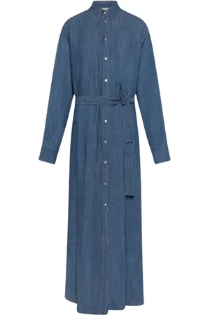 MOMONÍ Kjole, Dame, Blå, S, Linned, Linned chambray skjortekjole med bælte
