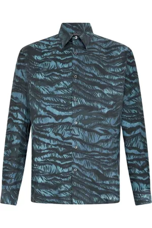 Roberto Cavalli Skjorte, Herre, Blå, XL, Tiger Skin Print Silkeskjorte