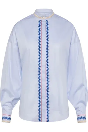 MOMONÍ Bluser & Skjorter, Dame, Blå, XS, Bomuld, Geometrisk Broderet Langærmet Skjorte