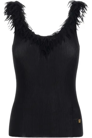 Roberto Cavalli Top, Dame, Sort, L, Uld, Elegant Sort Striktop med Frynsekant