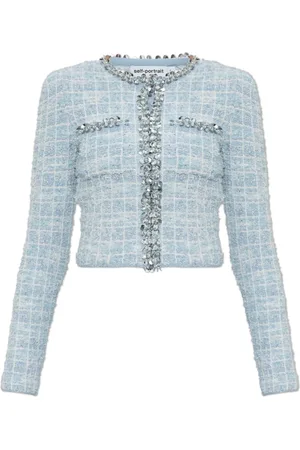 Self-Portrait Jakke, Dame, Blå, L, Tweed, Tweed blazer med skinnende applikationer