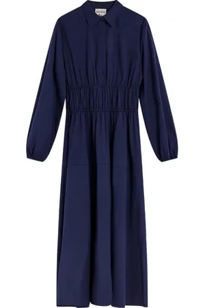 SEMICOUTURE Kjole, Dame, Blå, 2XS, Langærmet poplin skjortekjole med rynket talje og bred nederdel