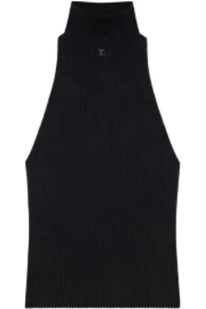 Courrèges Top, Dame, Sort, S, Bomuld, Sort Mockneck Ærmeløs Logo Top