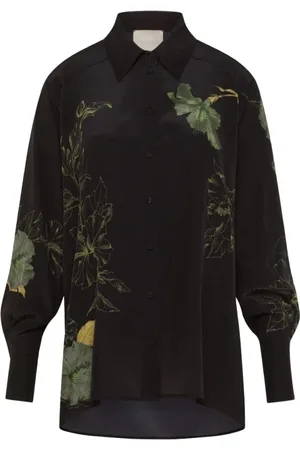 MOMONÍ Bluser & Skjorter, Dame, Sort, S, Silkeblomstret langærmet skjorte