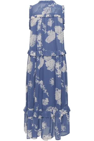 Part Two Kjole, Dame, Blå, 3XL, Smuk Blomsterkjole med Ruffle Detaljer