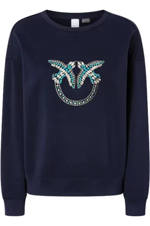 Pinko Sweathshirts & Hoodies, Dame, Blå, S, Bomuld, Love Birds Broderede Sweatshirts & Hoodies