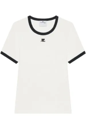 Courrèges Top, Dame, Hvid, M, Bomuld, Hvid Signatur Kontrast T-shirt