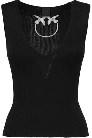 Pinko Top, Dame, Sort, S, Bomuld, Sort Ribbet V-Hals Top