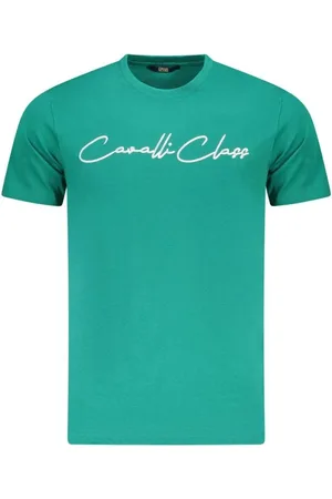 Roberto Cavalli Top, Herre, Grøn, 2XL, Bomuld, Signatur Print Crew Neck T-Shirt