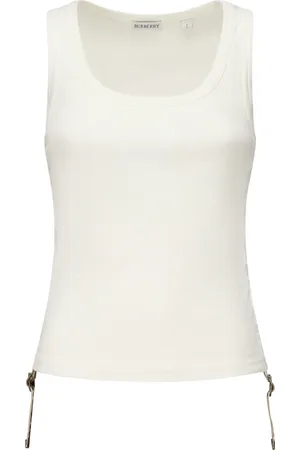 Burberry Top, Dame, Hvid, M, Hvid Ruffle Top med Check Stropper