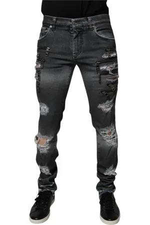 Dolce & Gabbana Jeans, Herre, Grå, M, Denim, Nedslidte Skinny Denim Jeans med Logodetaljer