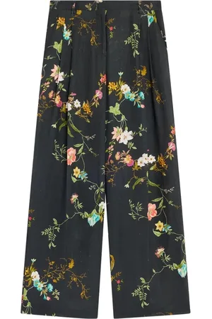 SEMICOUTURE Bukser, Dame, Sort, M, Linned, Blomstret hør-bredbenede bukser med sidelommer
